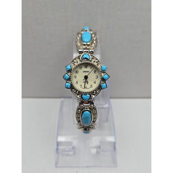 Arenix Turquoise Inlay Bracelet Watch Quartz New Battery Silver Tone Ladies 25mm - Picture 1 of 10